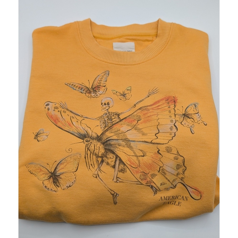 American Eagle Skeleton Butterfly Graphic Sweatshirt Mustard Yellow Medium - Picture 5 of 5